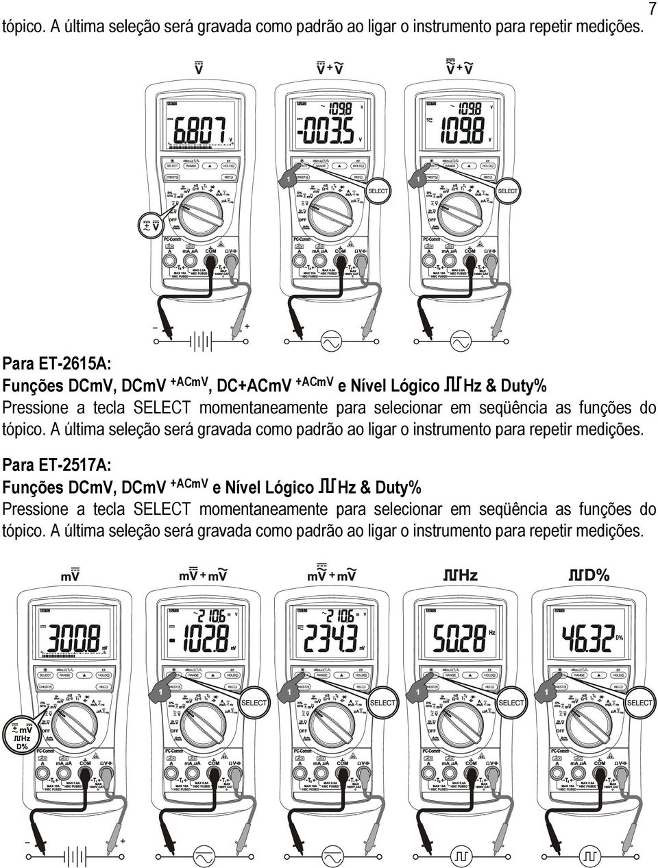 as funções do tópico. A última seleção será gravada como padrão ao ligar o instrumento para repetir medições.