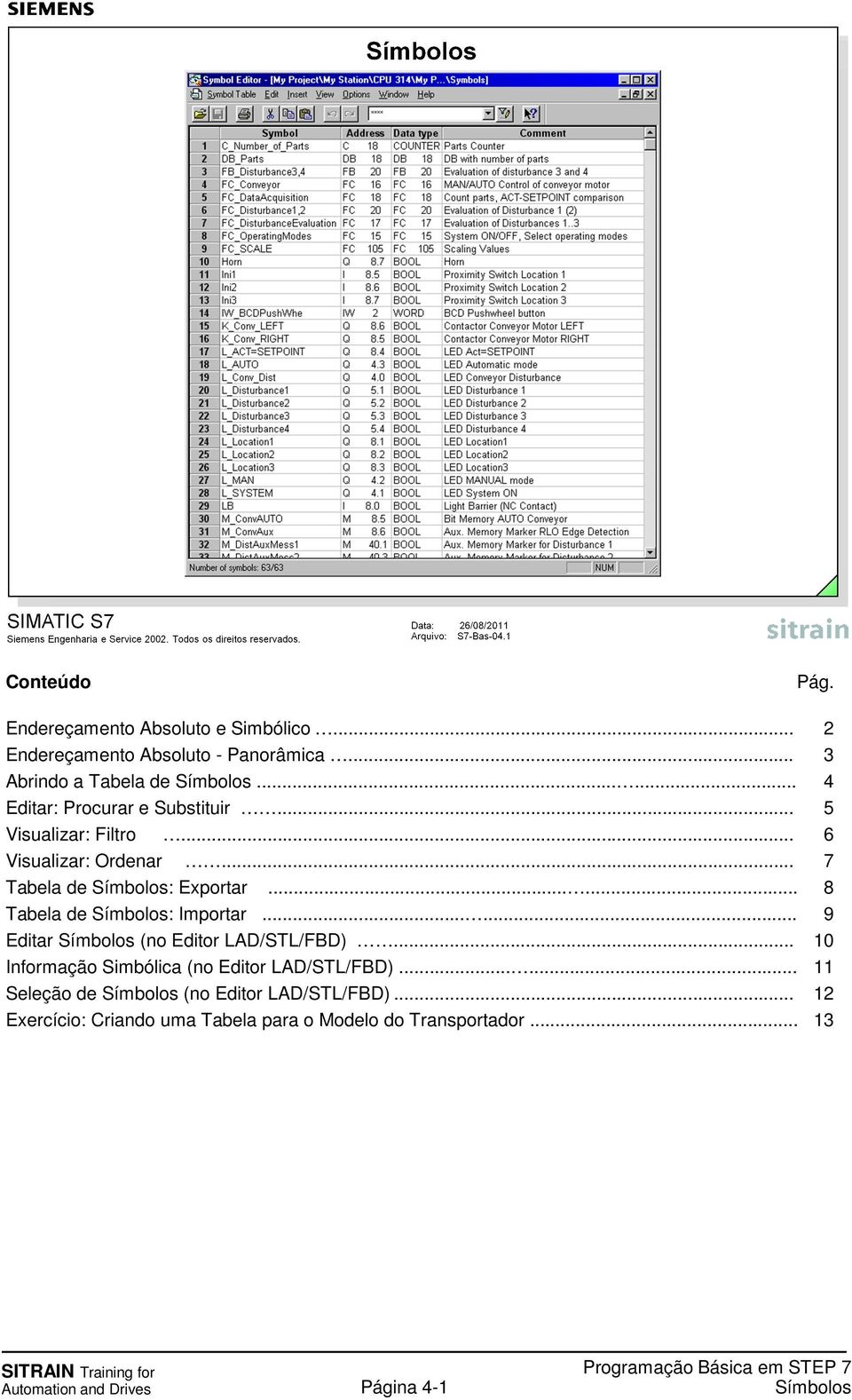 ..... 8 Tabela de : Importar...... 9 Editar (no Editor LAD/STL/FBD)... 10 Informação Simbólica (no Editor LAD/STL/FBD).