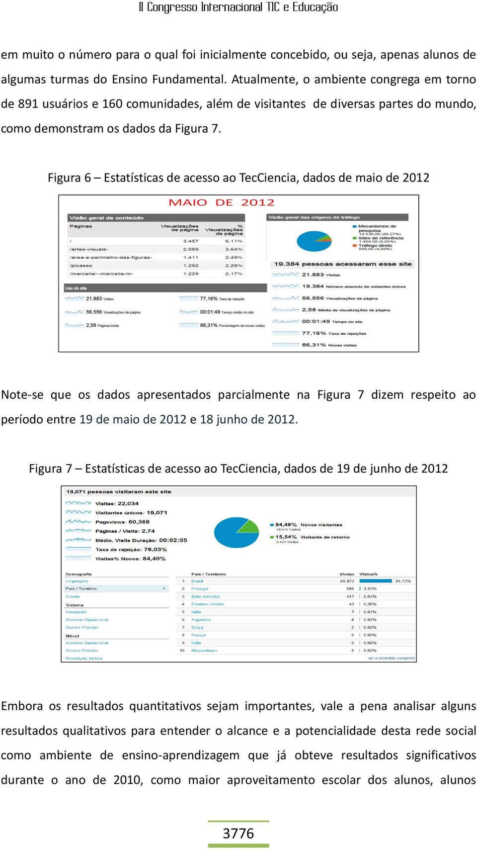 Figura 6 Estatísticas de acesso ao TecCiencia, dados de maio de 2012 Note-se que os dados apresentados parcialmente na Figura 7 dizem respeito ao período entre 19 de maio de 2012 e 18 junho de 2012.