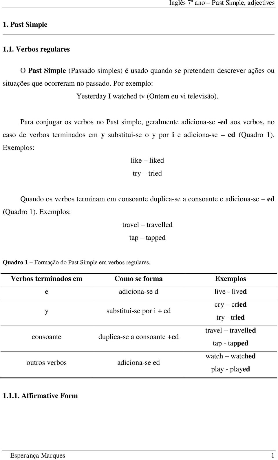 Para conjugar os verbos no Past simple, geralmente adiciona-se -ed aos verbos, no caso de verbos terminados em y substitui-se o y por i e adiciona-se ed (Quadro 1).