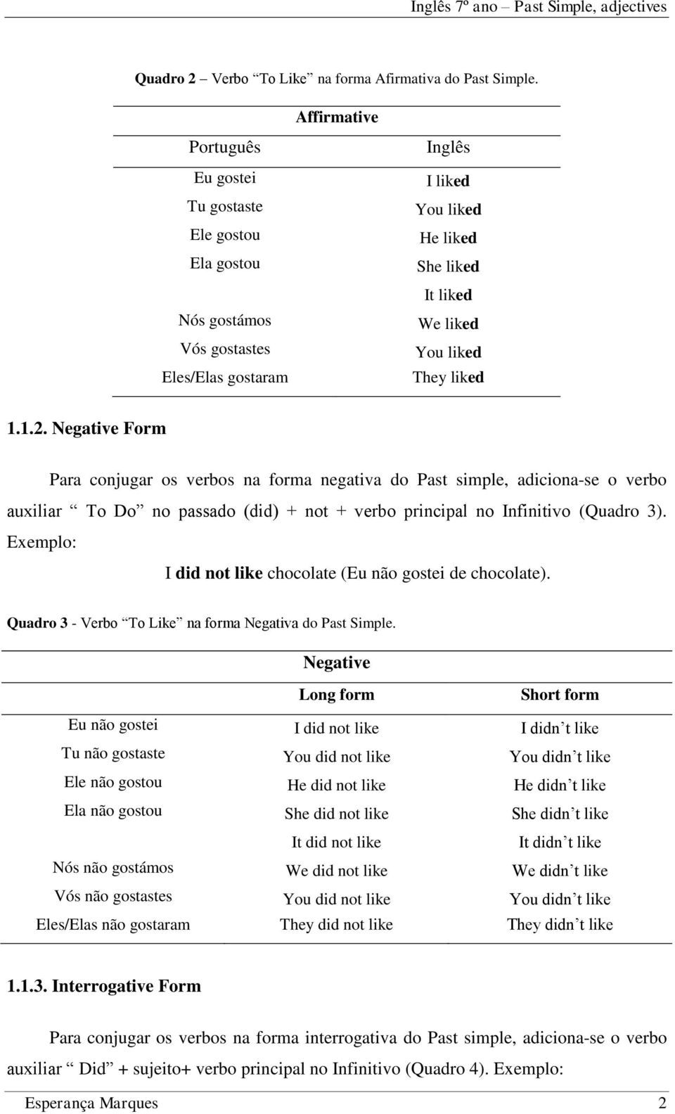 Negative Form Para conjugar os verbos na forma negativa do Past simple, adiciona-se o verbo auxiliar To Do no passado (did) + not + verbo principal no Infinitivo (Quadro 3).