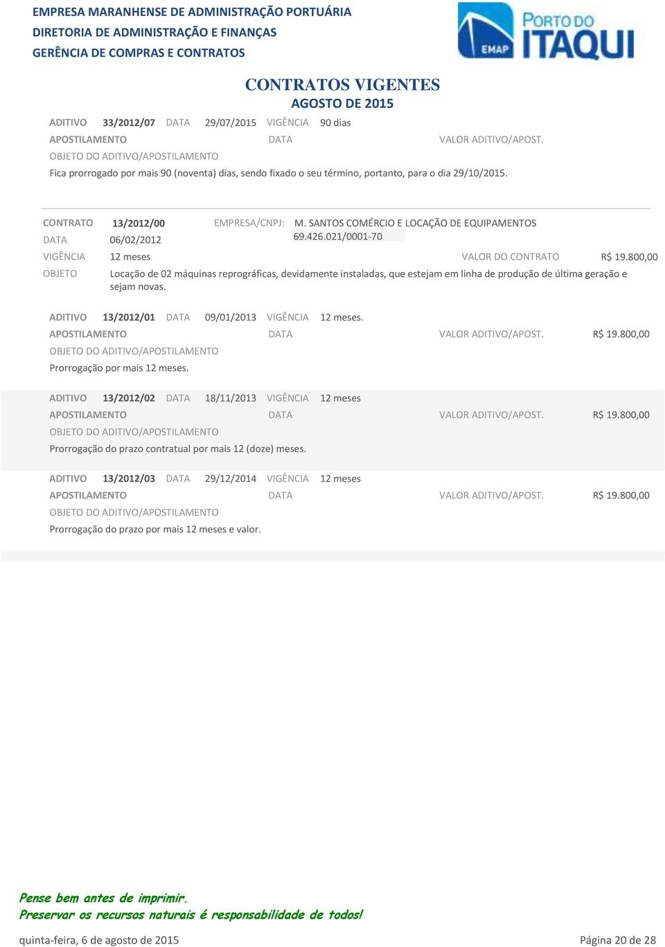 800,00 Locação de 02 máquinas reprográficas, devidamente instaladas, que estejam em linha de produção de última geração e sejam novas. 13/2012/01 09/01/2013. R$ 19.