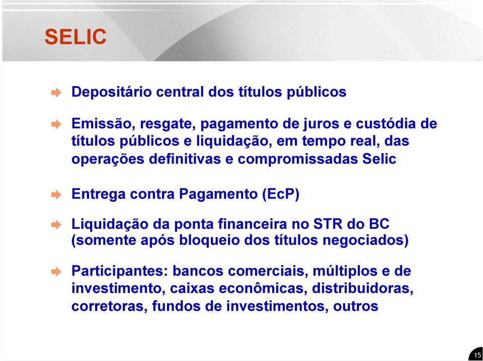 Liquidação da ponta financeira no STR do BC (somente após bloqueio dos títulos negociados) Participantes: bancos