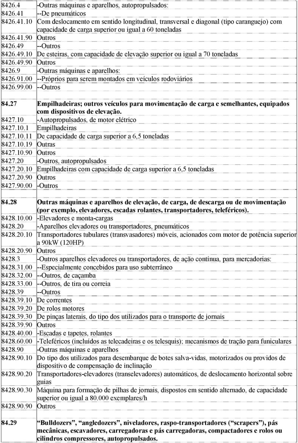 49 --Outros 8426.49.10 De esteiras, com capacidade de elevação superior ou igual a 70 toneladas 8426.49.90 Outros 8426.9 -Outras máquinas e aparelhos: 8426.91.