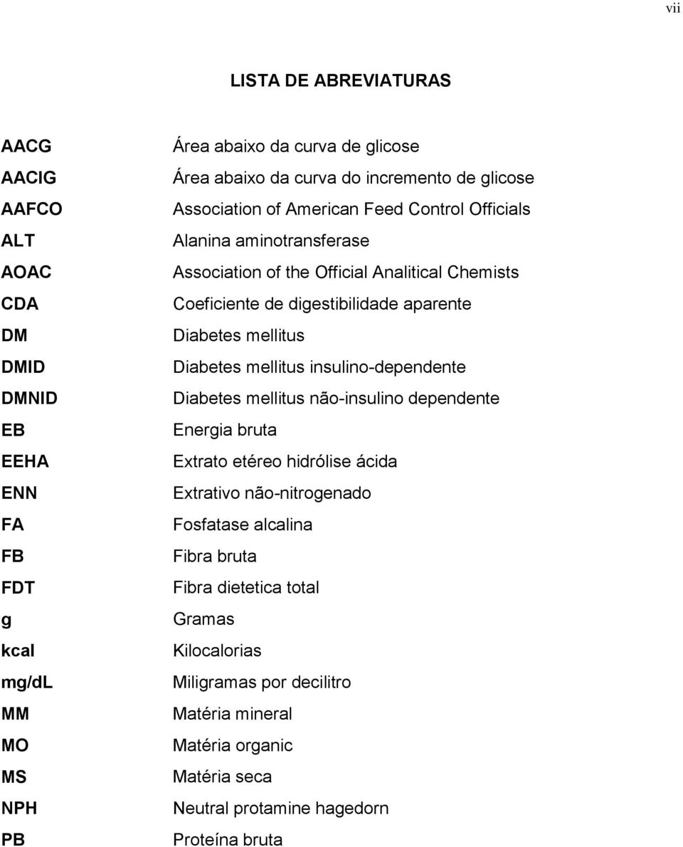 aparente Diabetes mellitus Diabetes mellitus insulino-dependente Diabetes mellitus não-insulino dependente Energia bruta Extrato etéreo hidrólise ácida Extrativo não-nitrogenado