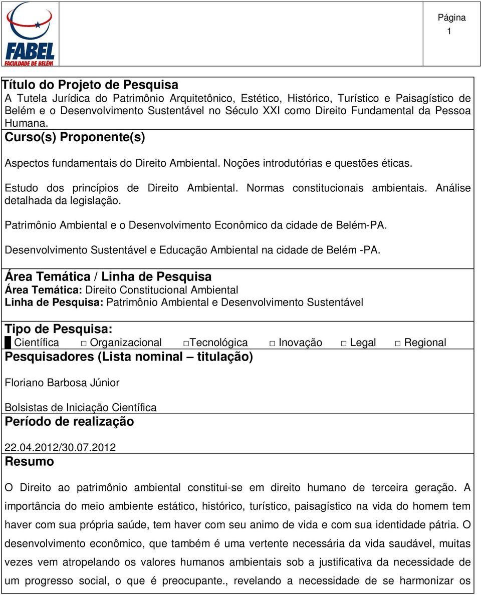 Normas constitucionais ambientais. Análise detalhada da legislação. Patrimônio Ambiental e o Desenvolvimento Econômico da cidade de Belém-PA.