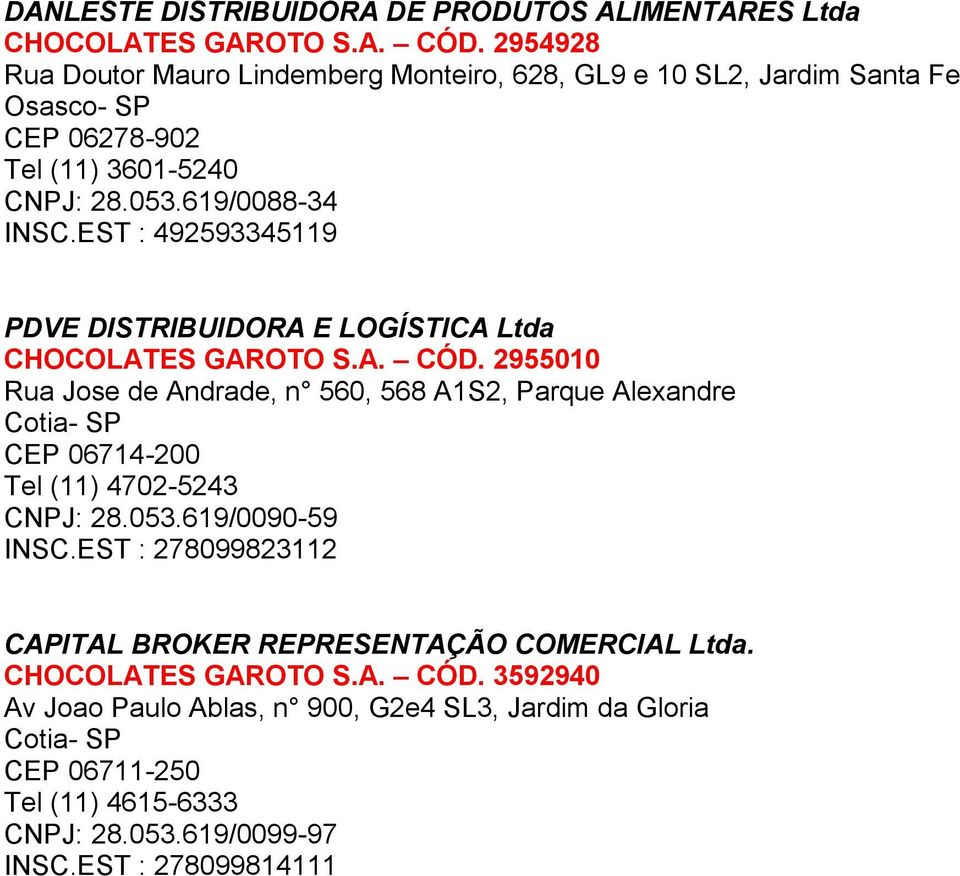 EST : 492593345119 PDVE DISTRIBUIDORA E LOGÍSTICA Ltda CHOCOLATES GAROTO S.A. CÓD.