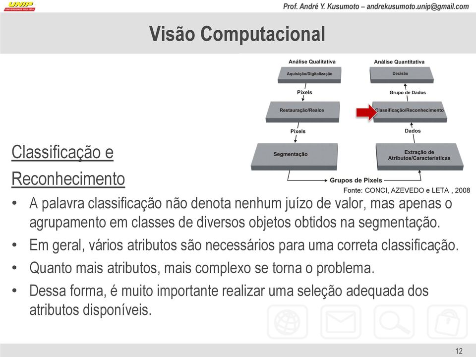 classes de diversos objetos obtidos na segmentação. Em geral, vários atributos são necessários para uma correta classificação.