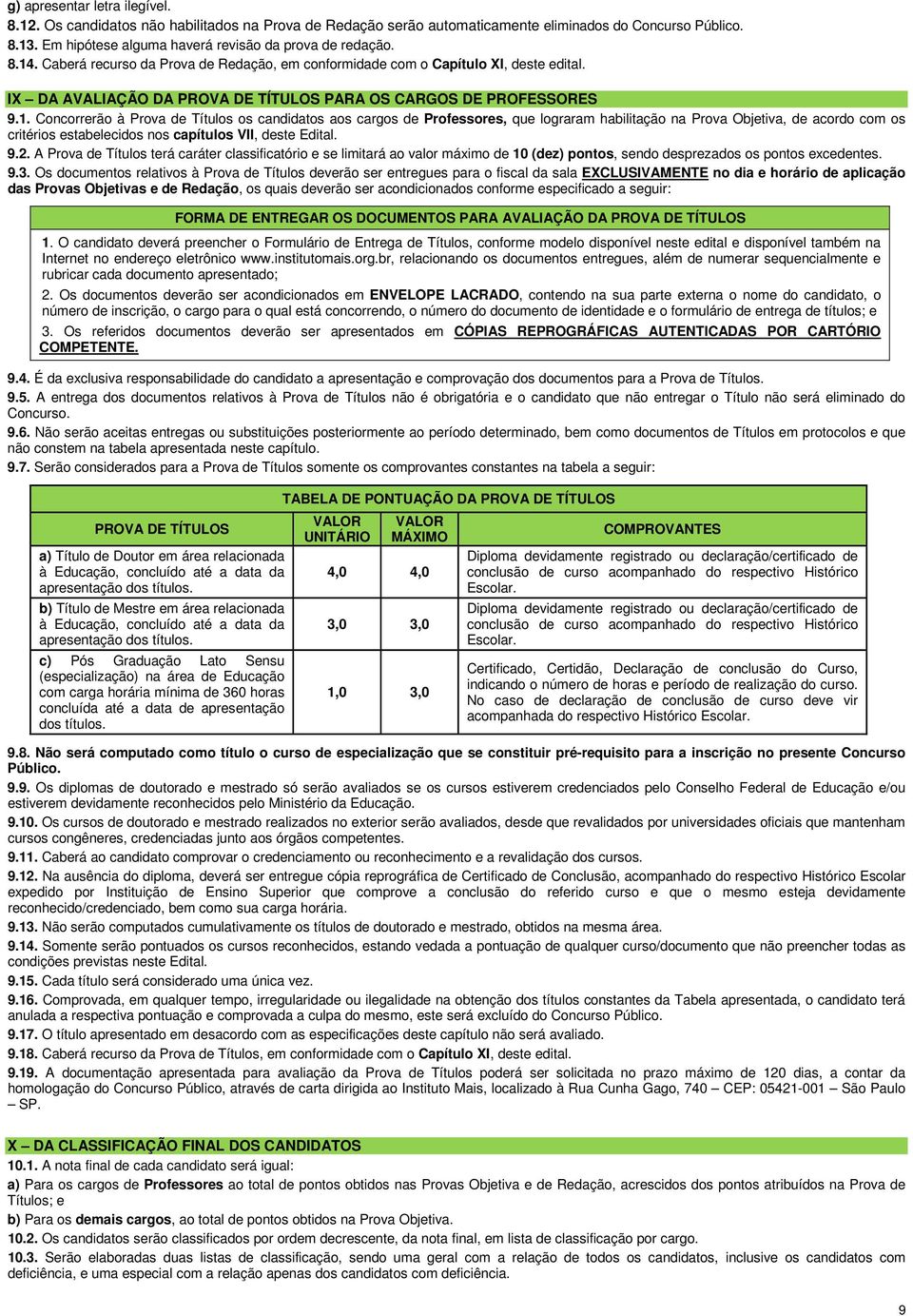 IX DA AVALIAÇÃO DA PROVA DE TÍTULOS PARA OS CARGOS DE PROFESSORES 9.1.