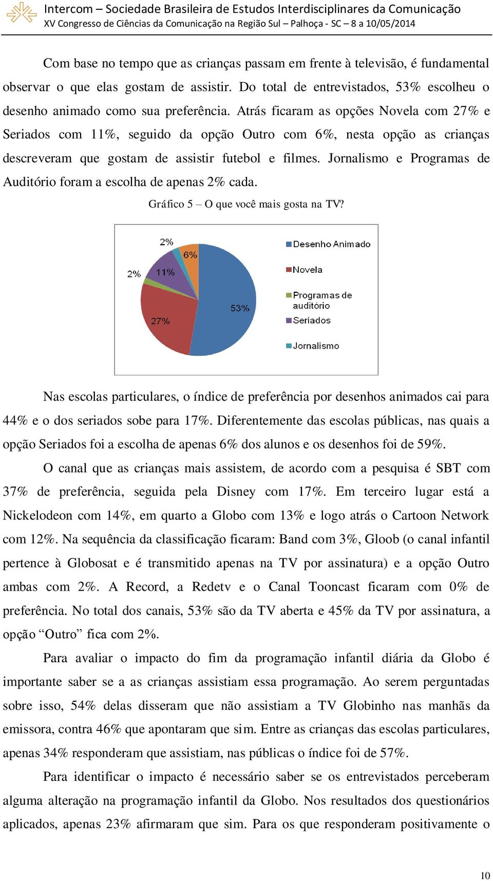 Jornalismo e Programas de Auditório foram a escolha de apenas 2% cada. Gráfico 5 O que você mais gosta na TV?