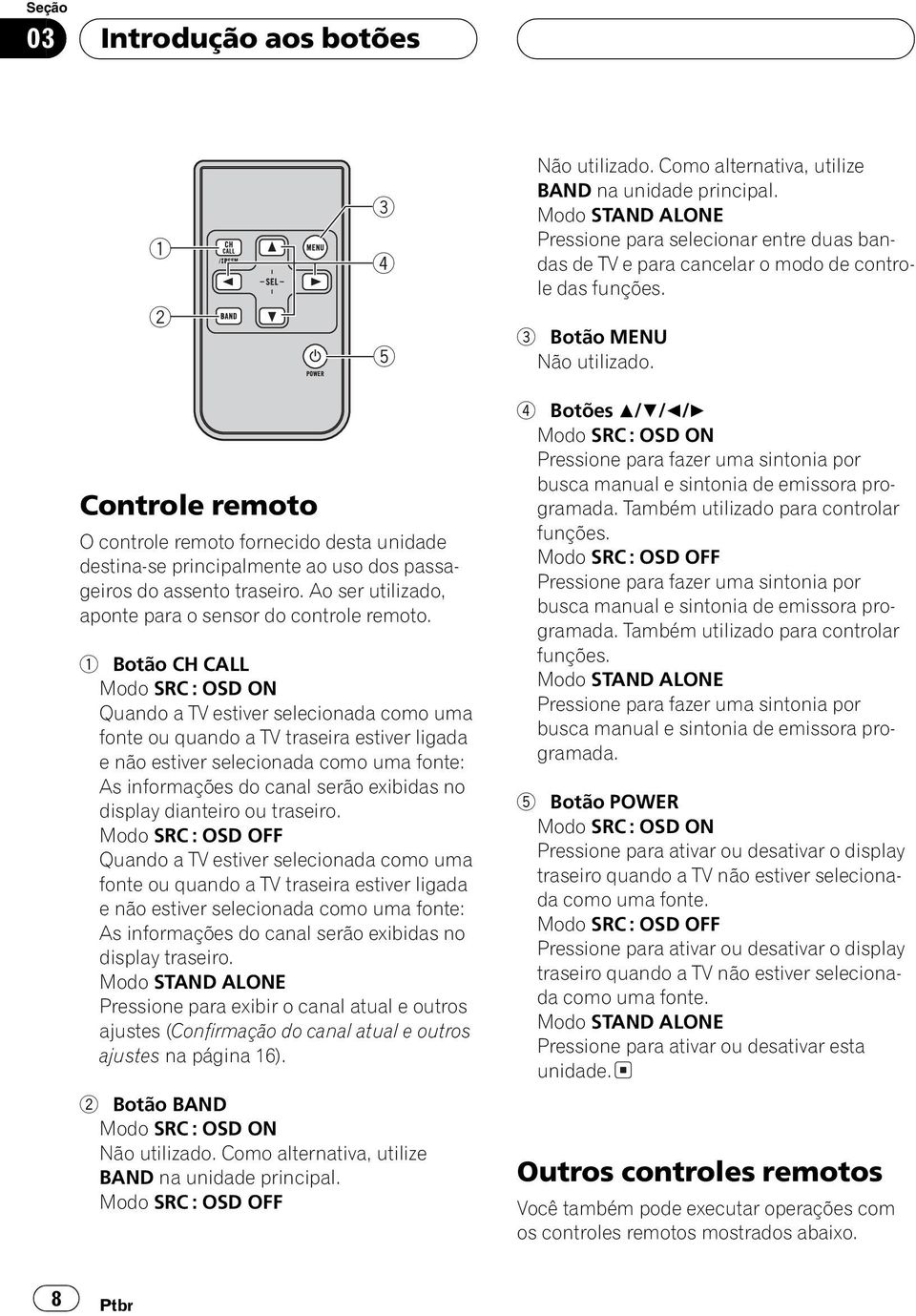 Controle remoto O controle remoto fornecido desta unidade destina-se principalmente ao uso dos passageiros do assento traseiro. Ao ser utilizado, aponte para o sensor do controle remoto.