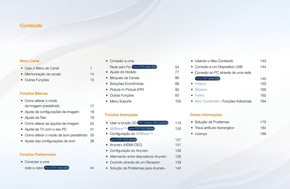 PDP série 550 44 Conexão a uma Rede sem Fio Para PDP série 550 54 Ajuste do Horário 77 Bloqueio de Canais 86 Soluções Econômicas 88 Picture-In-Picture (PIP) 90 Outras Funções 93 Menu Suporte 105
