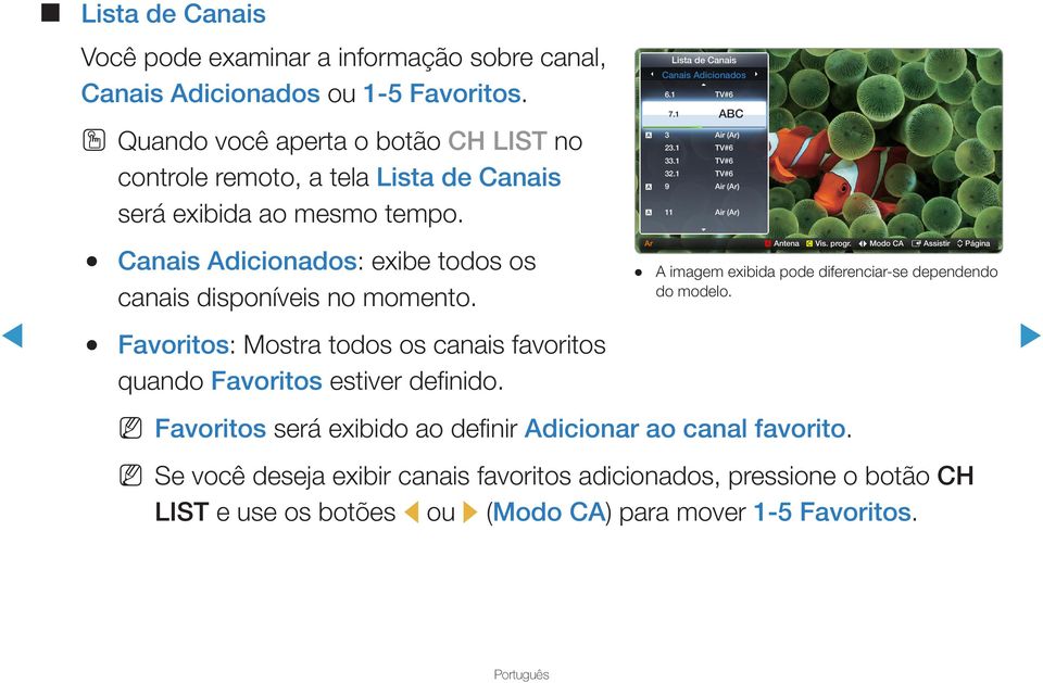 1 TV#6 a 9 Air (Ar) a 11 Air (Ar) Canais Adicionados: exibe todos os canais disponíveis no momento. Ar a Antena { Vis. progr.