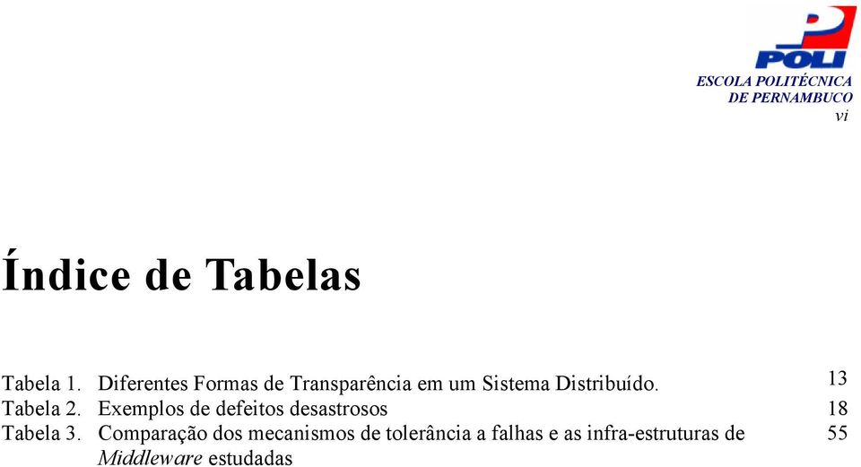 13 Tabela 2. Exemplos de defeitos desastrosos 18 Tabela 3.