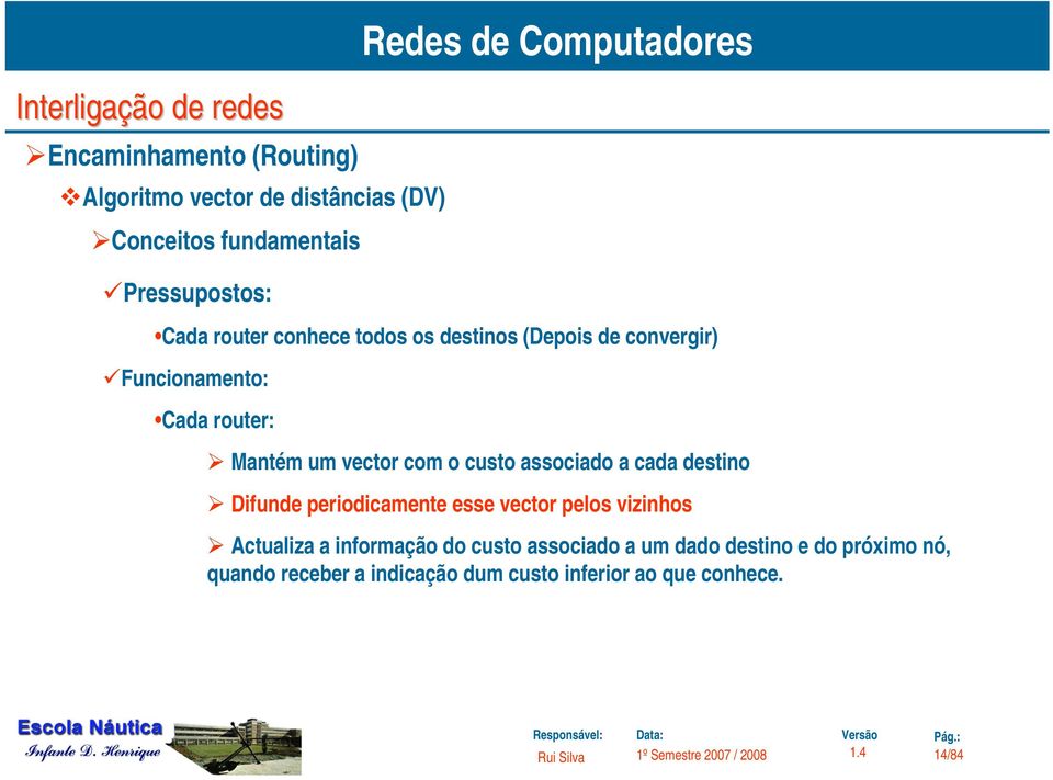 associado a cada destino Difunde periodicamente esse vector pelos vizinhos Actualiza a informação do custo