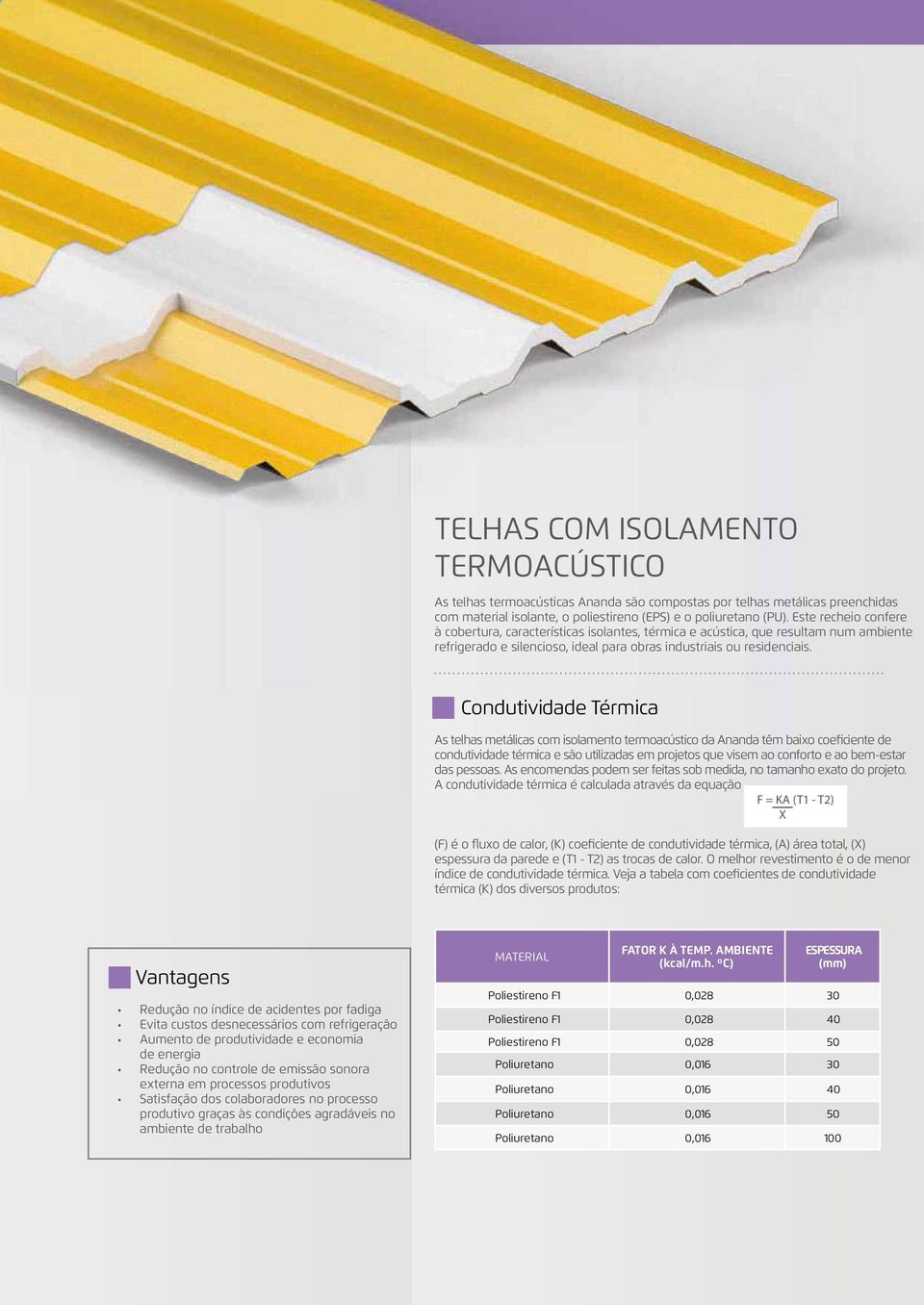 Condutividde Térmic As telhs metálics com isolmento termocústico d Annd têm ixo coeficiente de condutividde térmic e são utilizds em projetos que visem o conforto e o emestr ds pessos.