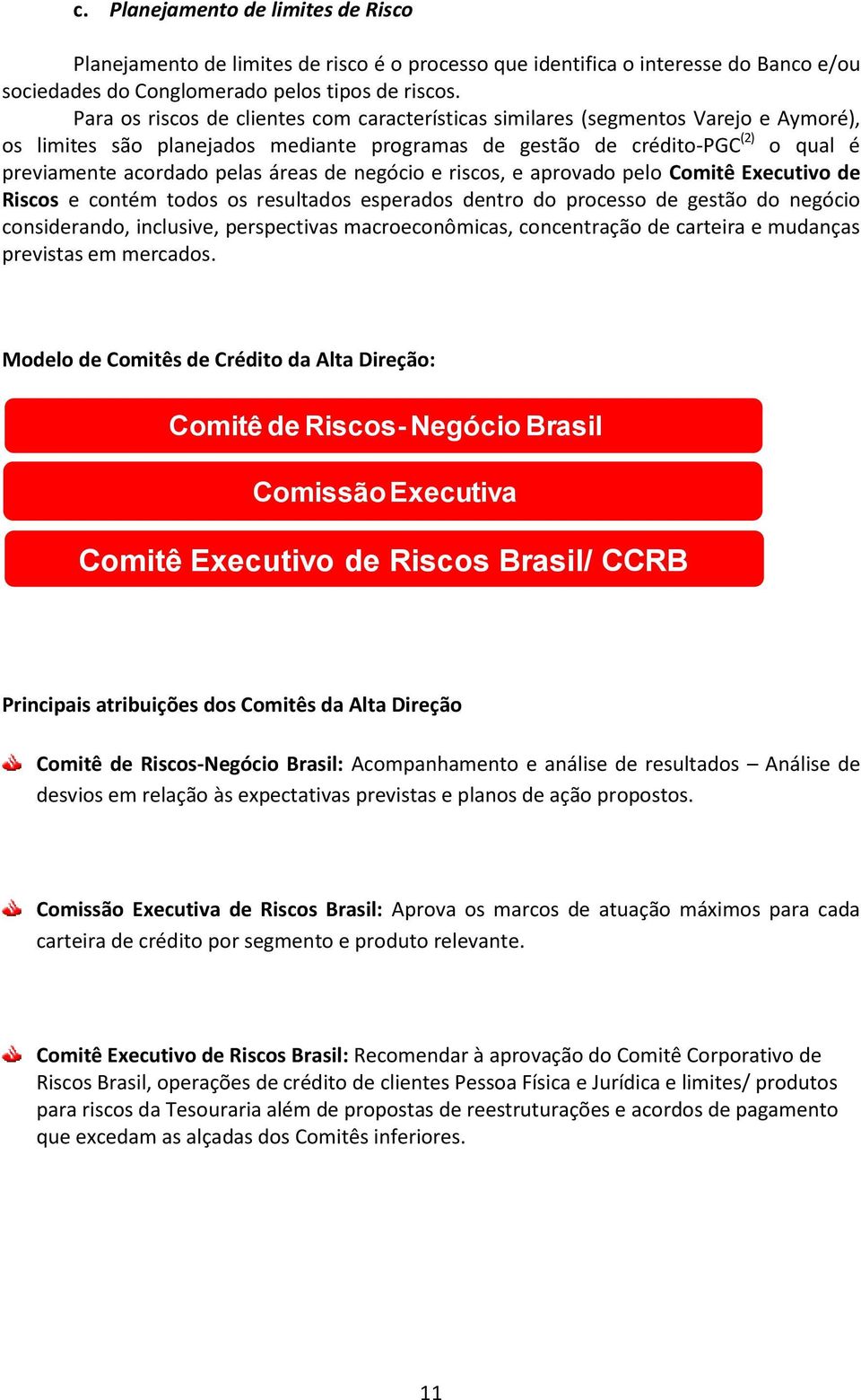 áreas de negócio e riscos, e aprovado pelo Comitê Executivo de Riscos e contém todos os resultados esperados dentro do processo de gestão do negócio considerando, inclusive, perspectivas