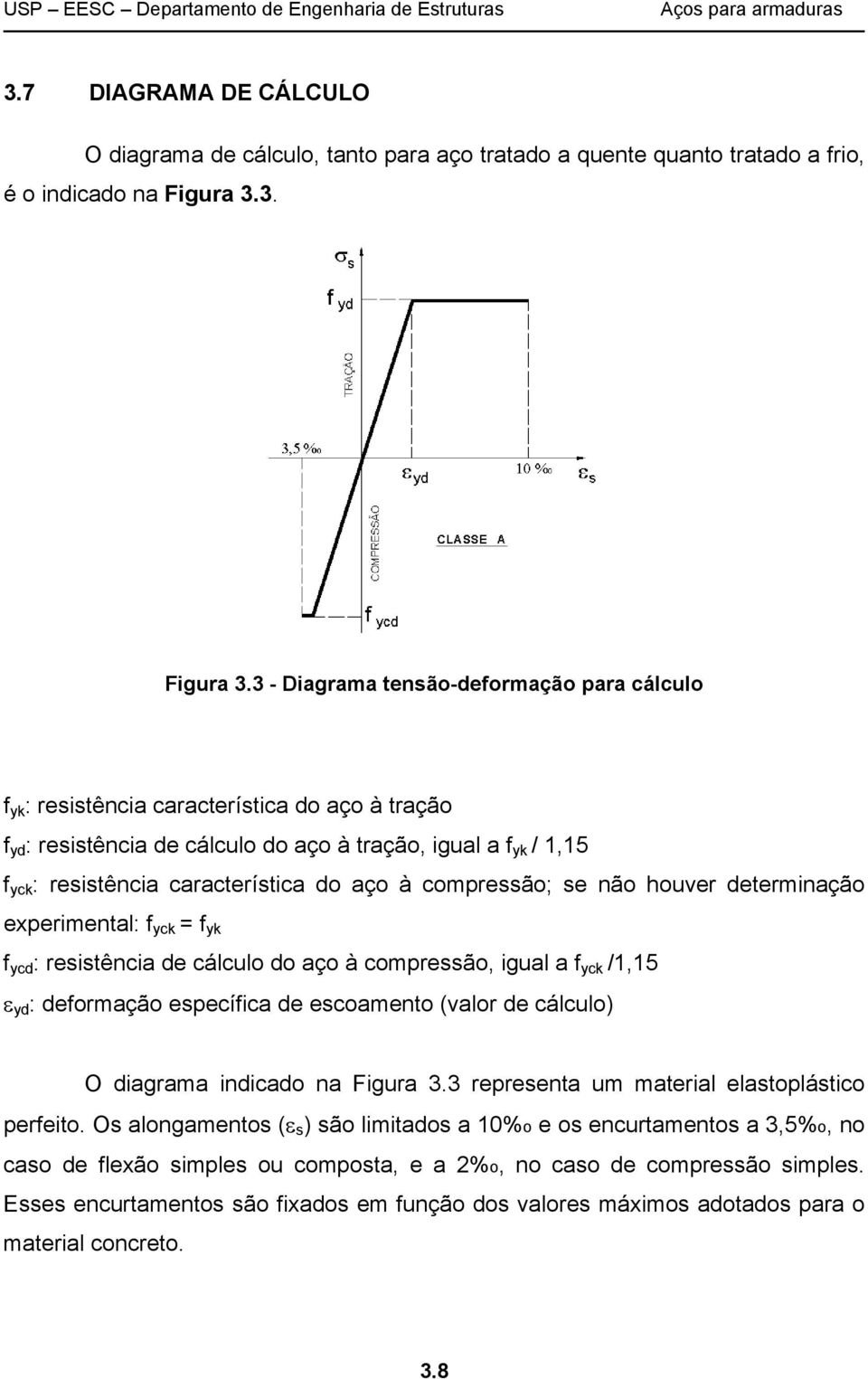 3 - Diagrama tensão-deformação para cálculo f yk : resistência característica do aço à tração f yd : resistência de cálculo do aço à tração, igual a f yk / 1,15 f yck : resistência característica do