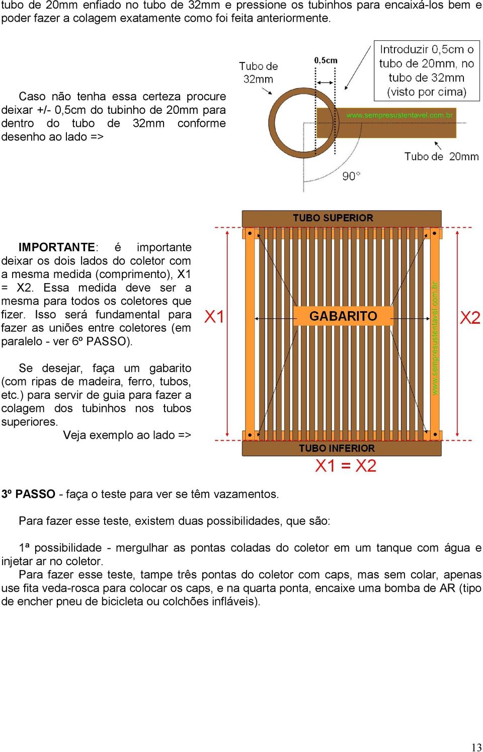 medida (comprimento), X1 = X2. Essa medida deve ser a mesma para todos os coletores que fizer. Isso será fundamental para fazer as uniões entre coletores (em paralelo - ver 6º PASSO).