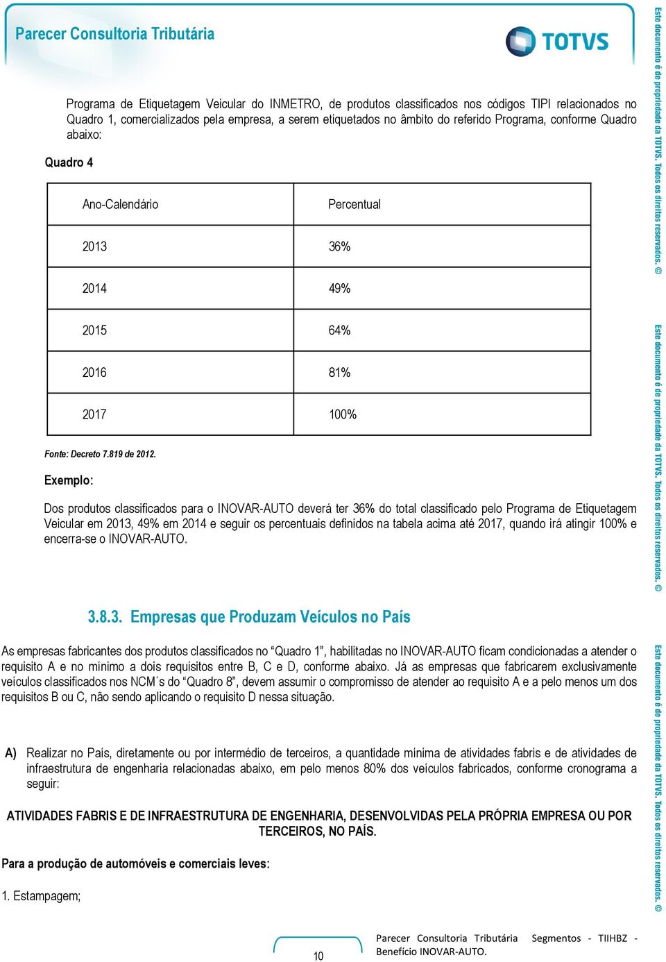 Exemplo: Dos produtos classificados para o INOVAR-AUTO deverá ter 36% do total classificado pelo Programa de Etiquetagem Veicular em 2013, 49% em 2014 e seguir os percentuais definidos na tabela