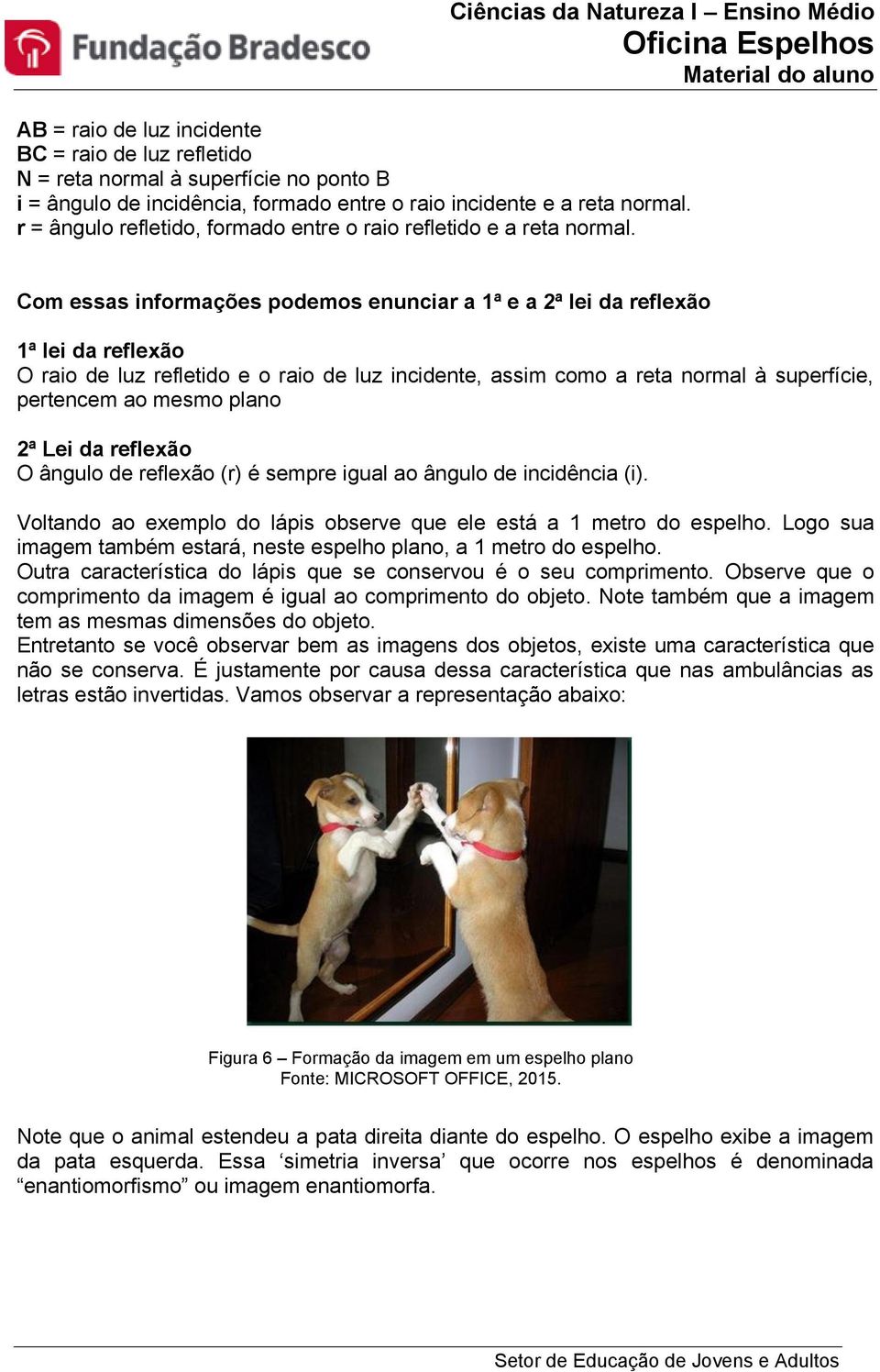 Com essas informações podemos enunciar a 1ª e a 2ª lei da reflexão 1ª lei da reflexão O raio de luz refletido e o raio de luz incidente, assim como a reta normal à superfície, pertencem ao mesmo