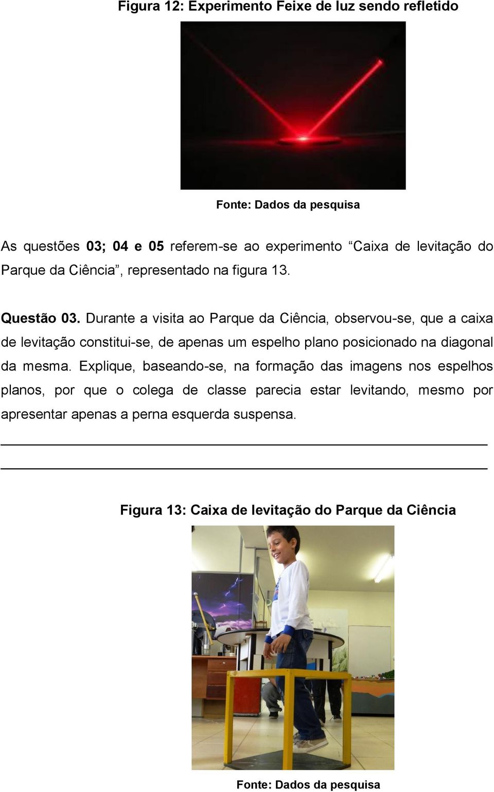 Durante a visita ao Parque da Ciência, observou-se, que a caixa de levitação constitui-se, de apenas um espelho plano posicionado na diagonal da mesma.