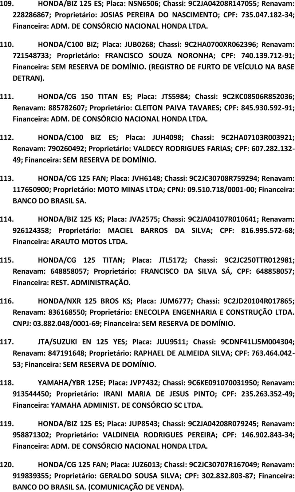 HONDA/CG 150 TITAN ES; Placa: JTS5984; Chassi: 9C2KC08506R852036; Renavam: 885782607; Proprietário: CLEITON PAIVA TAVARES; CPF: 845.930.592-91; 112.