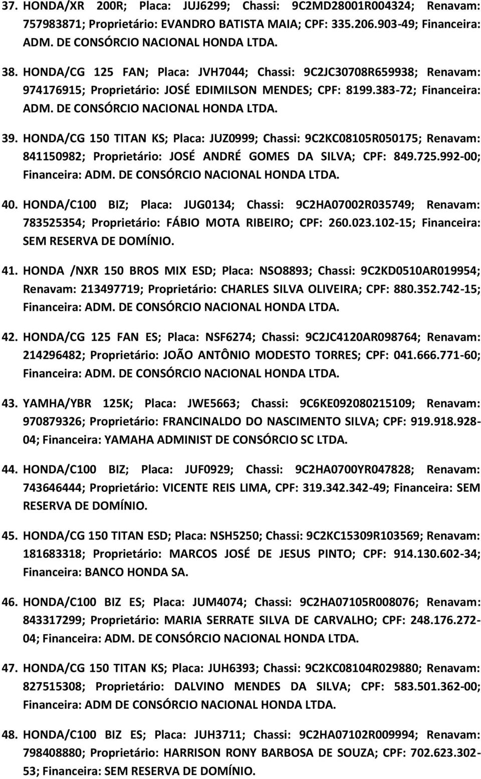 HONDA/CG 150 TITAN KS; Placa: JUZ0999; Chassi: 9C2KC08105R050175; Renavam: 841150982; Proprietário: JOSÉ ANDRÉ GOMES DA SILVA; CPF: 849.725.992-00; 40.