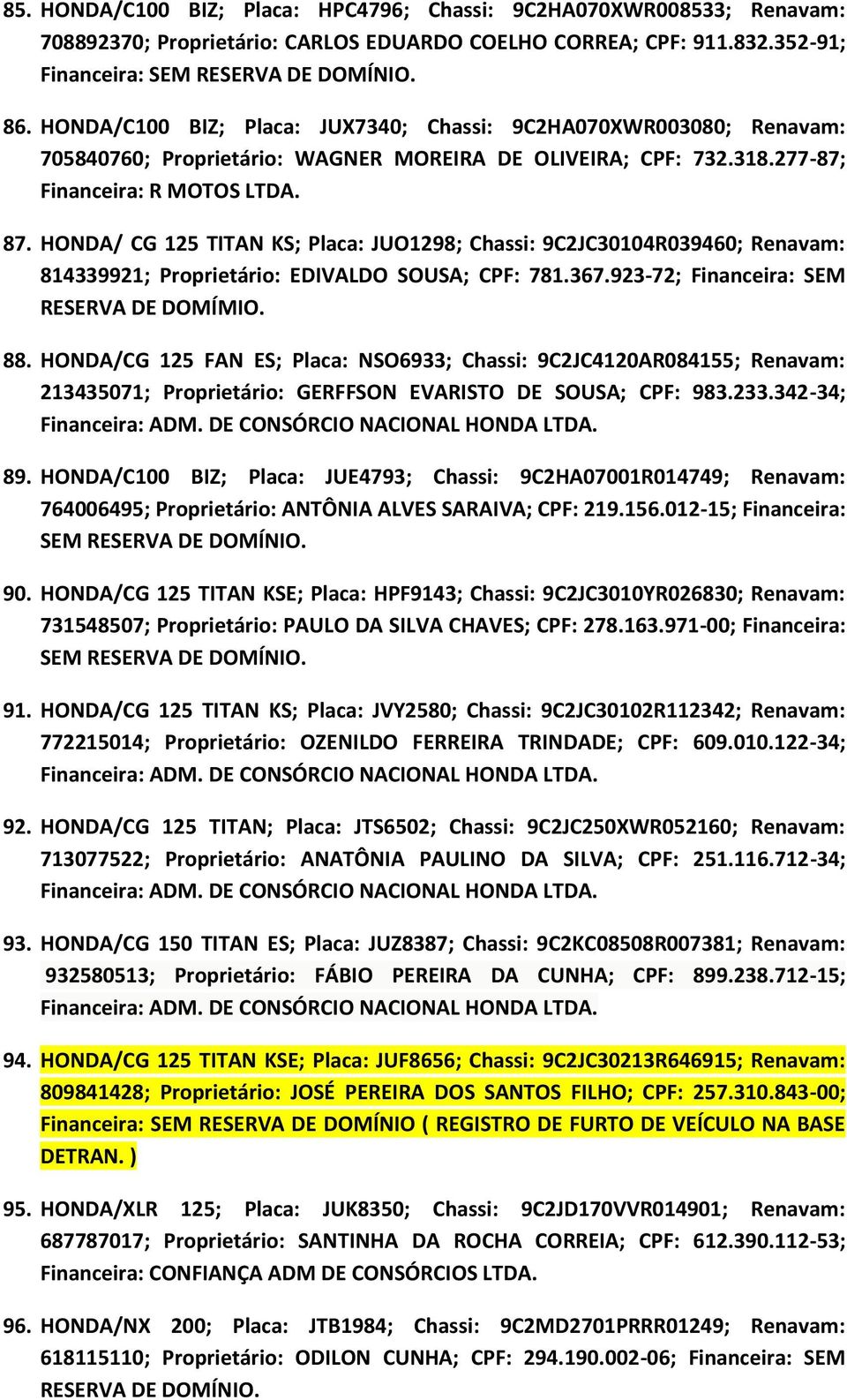 HONDA/ CG 125 TITAN KS; Placa: JUO1298; Chassi: 9C2JC30104R039460; Renavam: 814339921; Proprietário: EDIVALDO SOUSA; CPF: 781.367.923-72; Financeira: SEM RESERVA DE DOMÍMIO. 88.