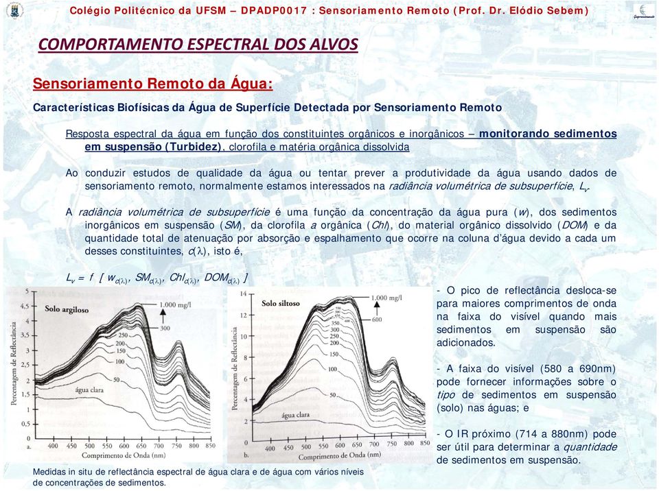 A radiância volumétrica de subsuperfície é uma função da concentração da água pura (w), dos sedimentos inorgânicos em suspensão (SM), da clorofila a orgânica (Chl), do material orgânico dissolvido