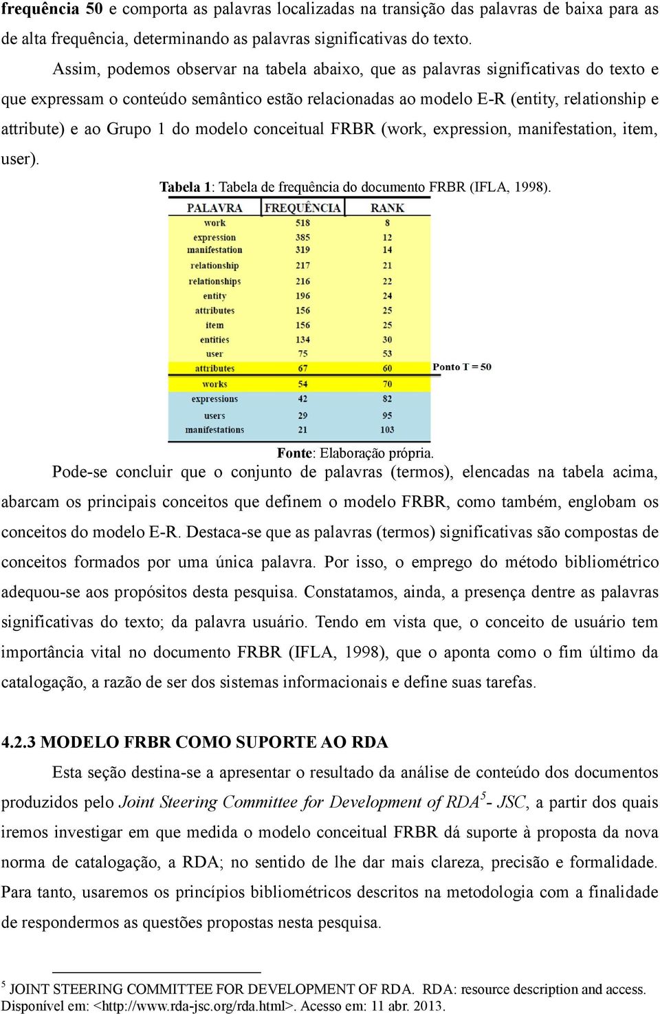 do modelo conceitual FRBR (work, expression, manifestation, item, user). Tabela 1: Tabela de frequência do documento FRBR (IFLA, 1998). Fonte: Elaboração própria.