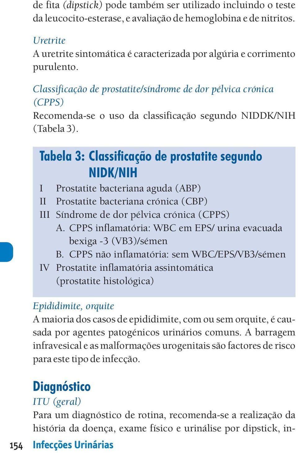 Classificação de prostatite/síndrome de dor pélvica crónica (CPPS) Recomenda-se o uso da classificação segundo NIDDK/NIH (Tabela 3).