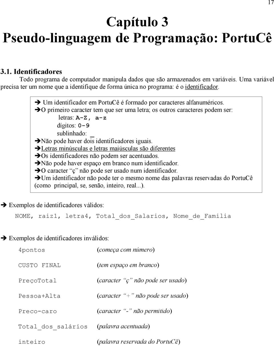 O primeiro caracter tem que ser uma letra; os outros caracteres podem ser: letras: A-Z, a-z dígitos: 0-9 sublinhado: _ Não pode haver dois identificadores iguais.