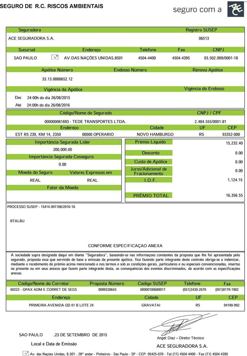 Desconto Custo de Apólice Juros/Adicional Fracionamento de I.O.F. PRÊMIO TOTAL Registro SUSEP ACE SEGURADORA S.A. 06513 SAO PAULO AV.DAS NAÇÕES UNIDAS,8501 4504-4400 4504-4395 03.502.099/0001-18 33.