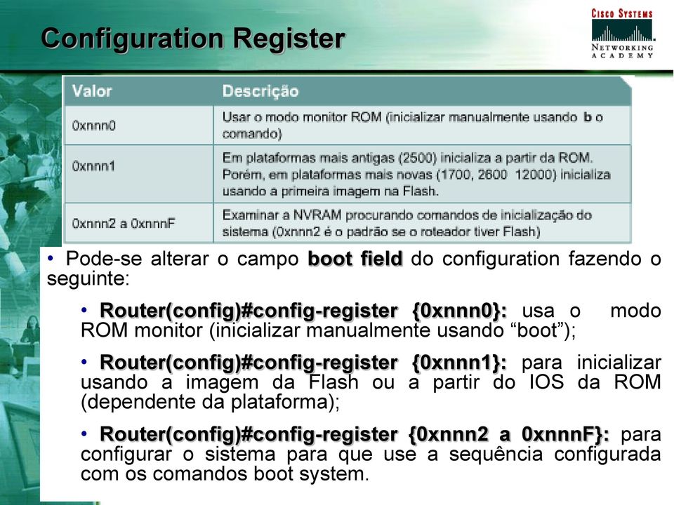 Router(config)#config-register {0xnnn1}: para inicializar usando a imagem da Flash ou a partir do IOS da ROM