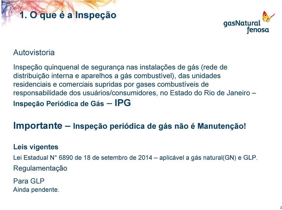 usuários/consumidores, no Estado do Rio de Janeiro Inspeção Periódica de Gás IPG Importante Inspeção periódica de gás não é