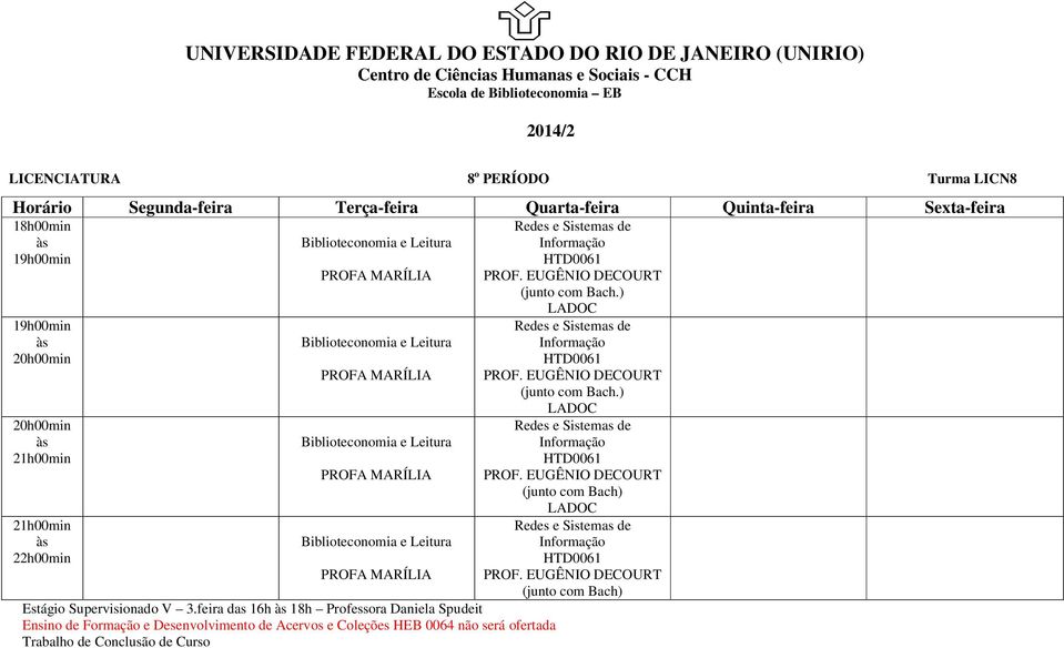 feira das 16h 18h Professora Daniela Spudeit Ensino de Formação e Desenvolvimento de Acervos e Coleções HEB 0064 não será ofertada Trabalho de