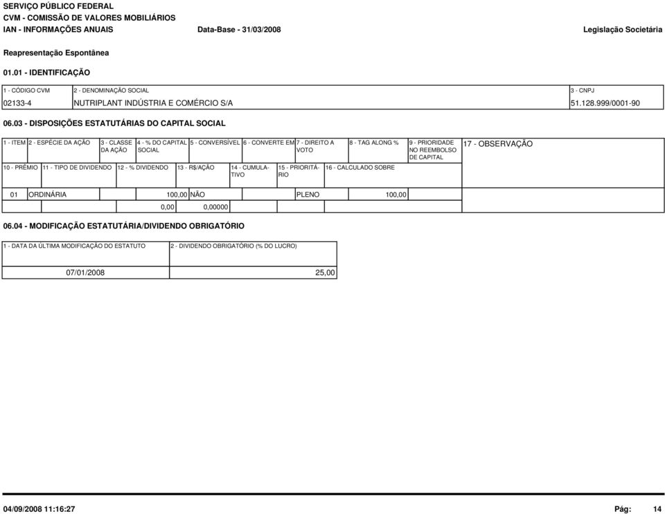 TIPO DE DIVIDENDO 12 - % DIVIDENDO 13 - R$/AÇÃO 14 - CUMULA- TIVO 15 - PRIORITÁ- RIO 8 - TAG ALONG % 16 - CALCULADO SOBRE 9 - PRIORIDADE NO REEMBOLSO DE CAPITAL 17 - OBSERVAÇÃO 01