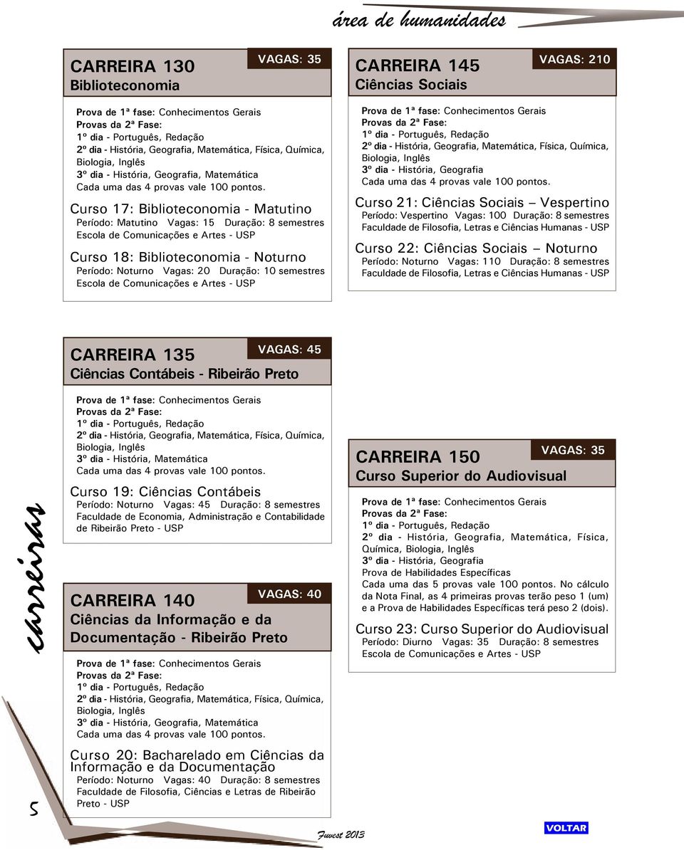 Curso 17: Biblioteconomia - Matutino Período: Matutino Vagas: 15 Duração: 8 semestres Escola de Comunicações e Artes - USP Curso 18: Biblioteconomia - Noturno Período: Noturno Vagas: 20 Duração: 10