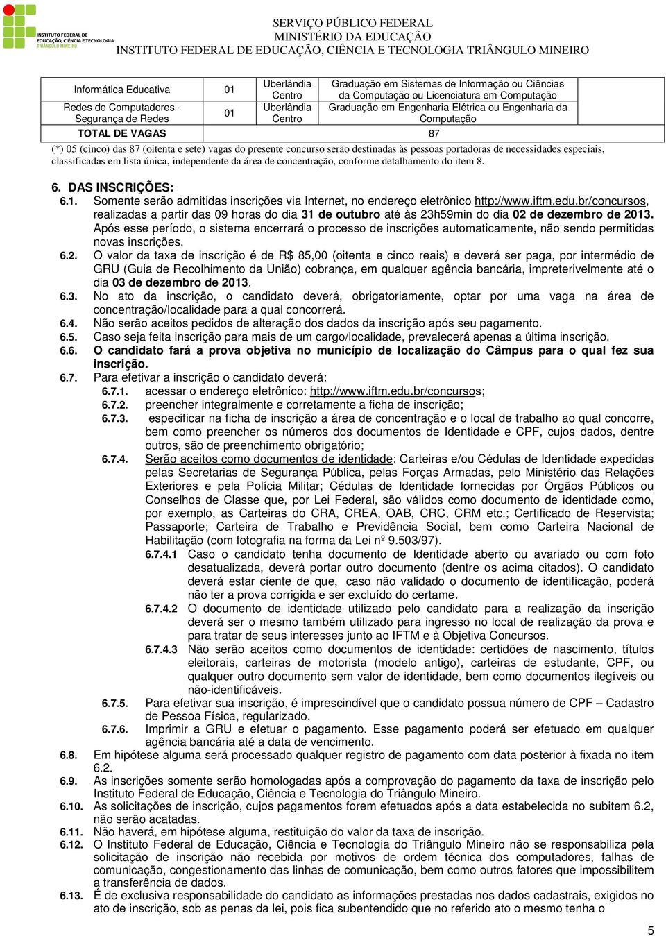 necessidades especiais, classificadas em lista única, independente da área de concentração, conforme detalhamento do item 8. 6. DAS INSCRIÇÕES: 6.1.