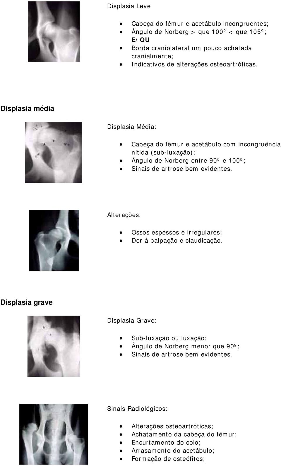 Displasia média Displasia Média: Cabeça do fêmur e acetábulo com incongruência nítida (sub-luxação); Ângulo de Norberg entre 90º e 100º; Sinais de artrose bem evidentes.