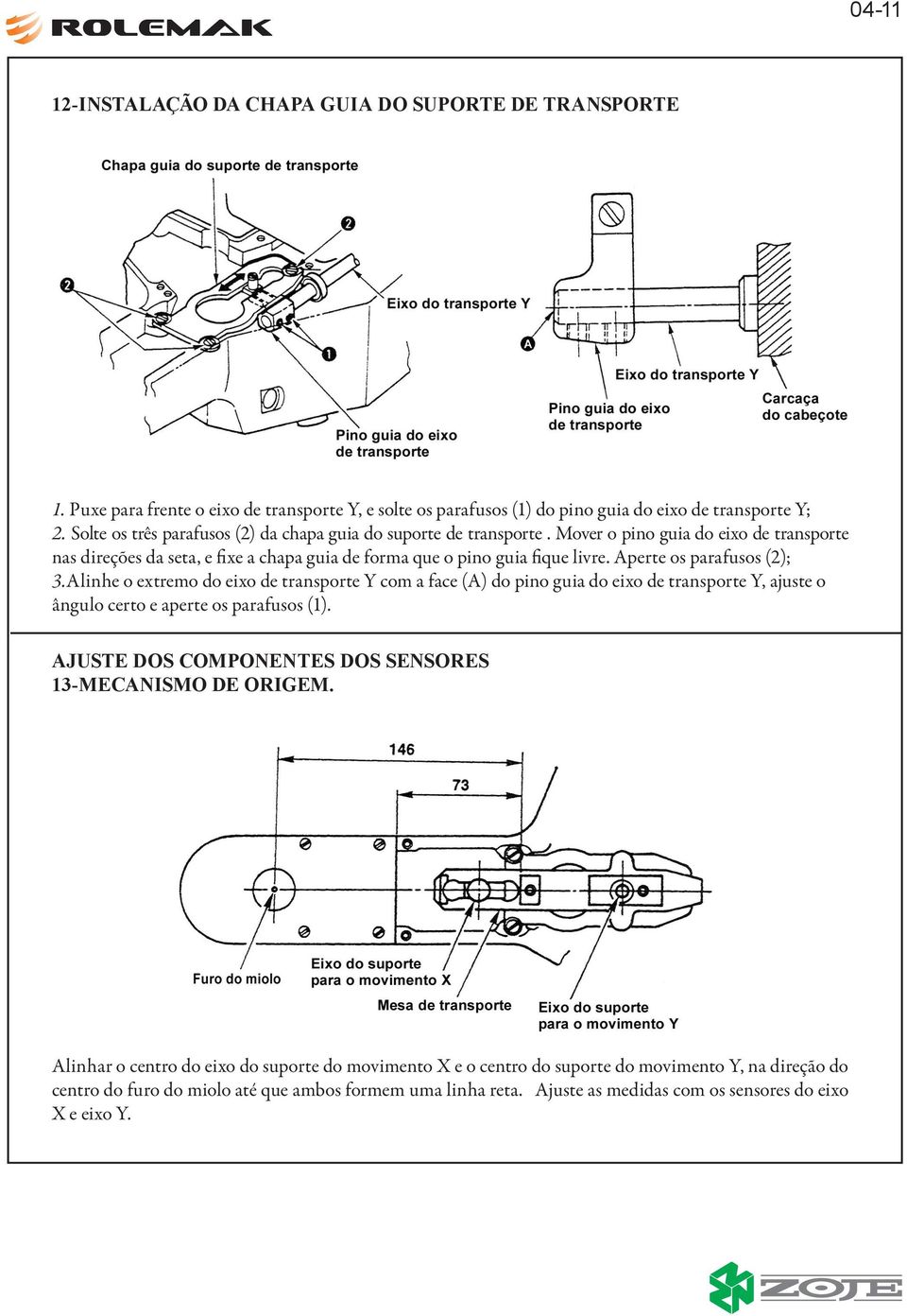 Aperte os parafusos (2); 3.Alinhe o extremo do eixo de transporte Y com a face (A) do pino guia do eixo de transporte Y, ajuste o ângulo certo e aperte os parafusos (1).