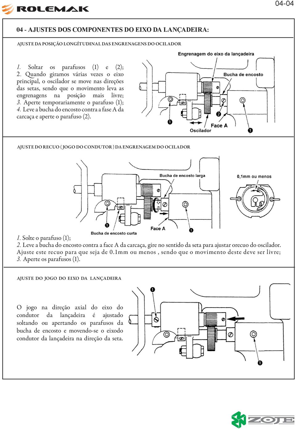 Leve a bucha do encosto contra a fase A da carcaça e aperte o parafuso (2). 1 2 1 AJUS do recuo ( jogo do condutor ) da engrenagem do ocilador 1 1 1. Solte o parafuso (1); 2.