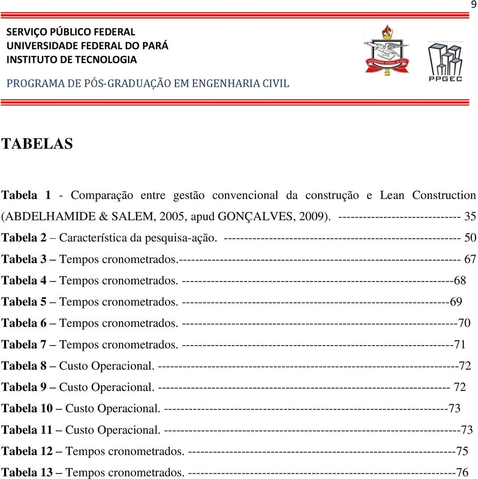 ---------------------------------------------------------- 50 Tabela 3 Tempos cronometrados.--------------------------------------------------------------------- 67 Tabela 4 Tempos cronometrados.