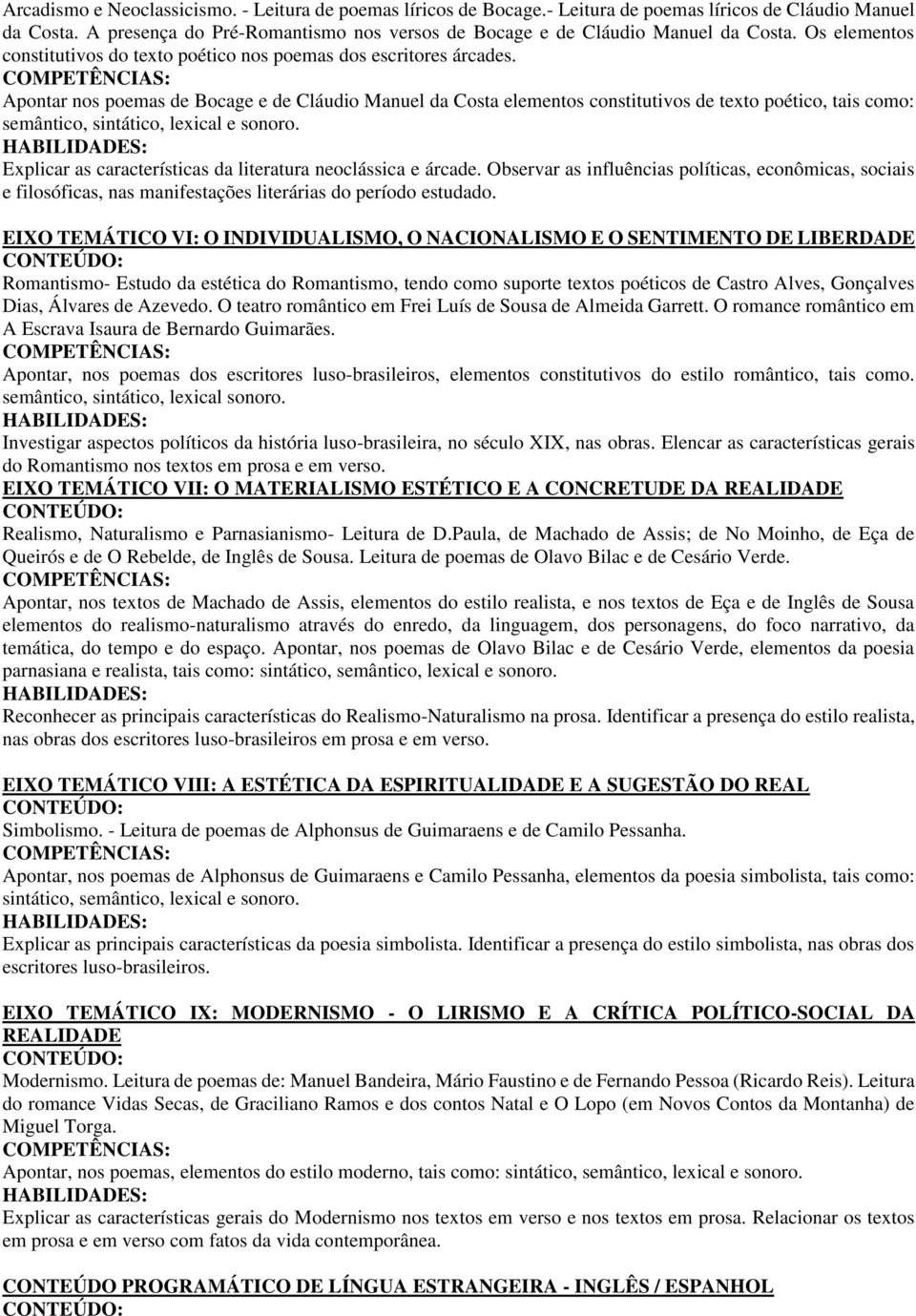 Apontar nos poemas de Bocage e de Cláudio Manuel da Costa elementos constitutivos de texto poético, tais como: semântico, sintático, lexical e sonoro.