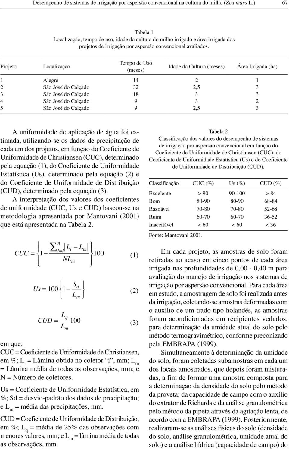 Projeto Localização Tempo de Uso (meses) Idade da Cultura (meses) Área Irrigada (ha) 1 Alegre 14 2 1 2 São José do Calçado 32 2, 3 3 São José do Calçado 18 3 3 4 São José do Calçado 9 3 2 São José do