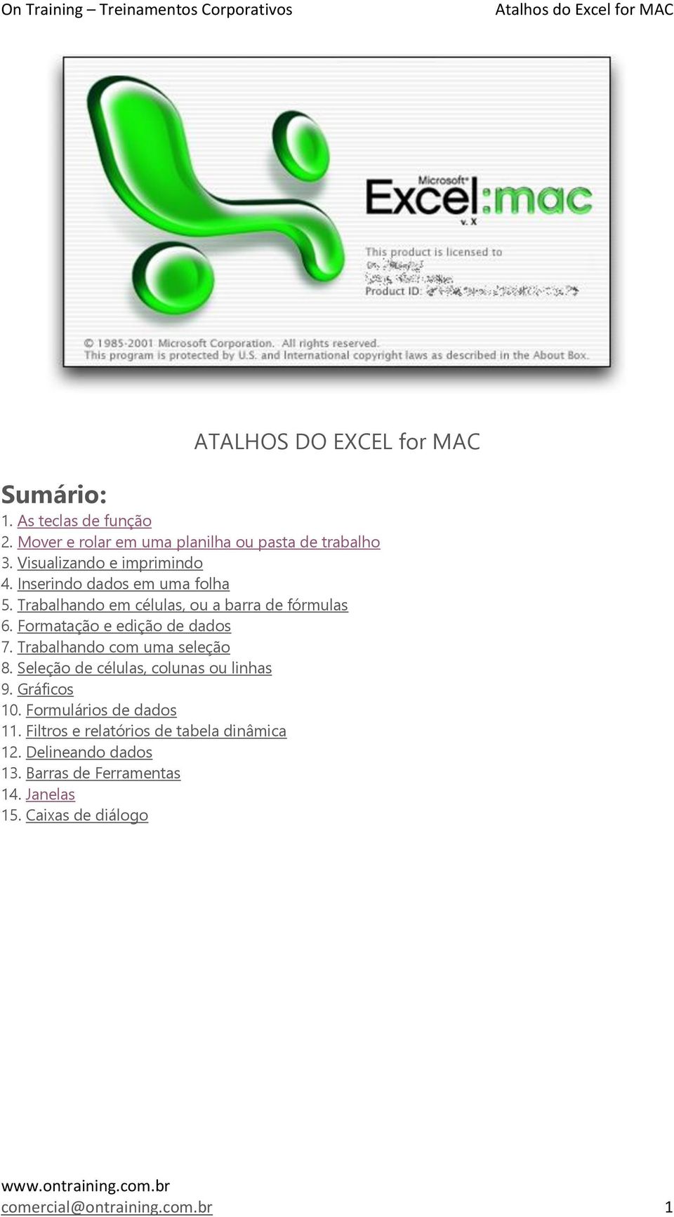 Formatação e edição de dados 7. Trabalhando com uma seleção 8. Seleção de células, colunas ou linhas 9. Gráficos 10.