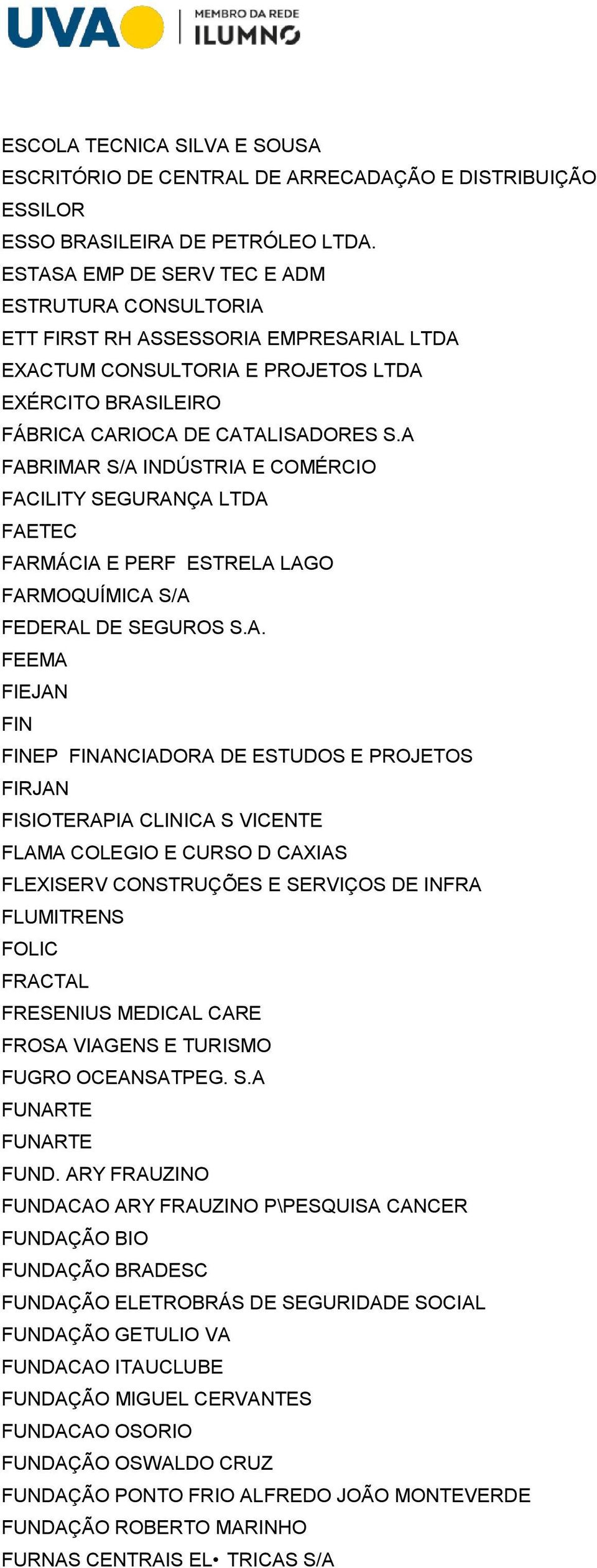 A FABRIMAR S/A INDÚSTRIA E COMÉRCIO FACILITY SEGURANÇA LTDA FAETEC FARMÁCIA E PERF ESTRELA LAGO FARMOQUÍMICA S/A FEDERAL DE SEGUROS S.A. FEEMA FIEJAN FIN FINEP FINANCIADORA DE ESTUDOS E PROJETOS