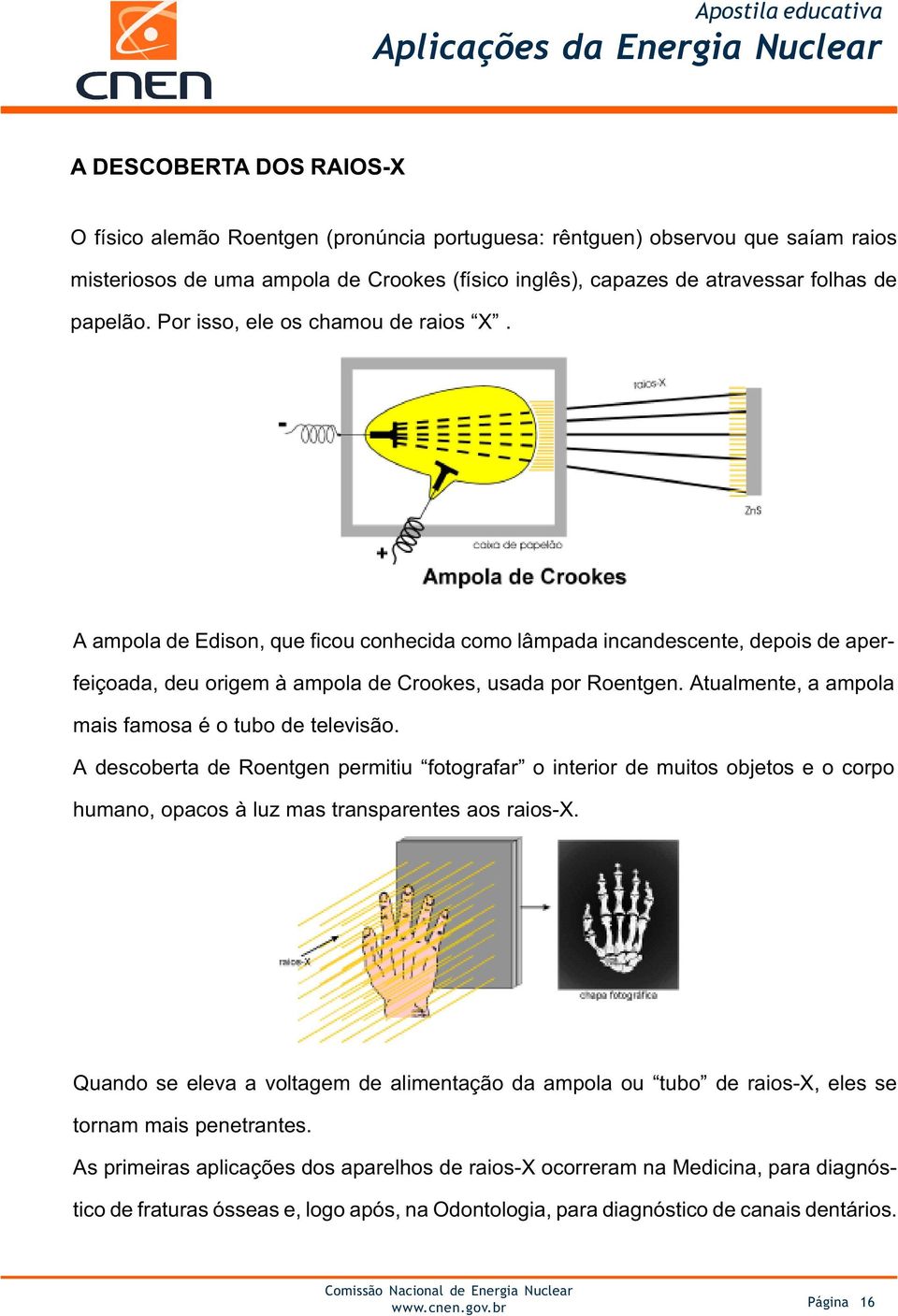 Atualmente, a ampola mais famosa é o tubo de televisão. A descoberta de Roentgen permitiu fotografar o interior de muitos objetos e o corpo humano, opacos à luz mas transparentes aos raios-x.