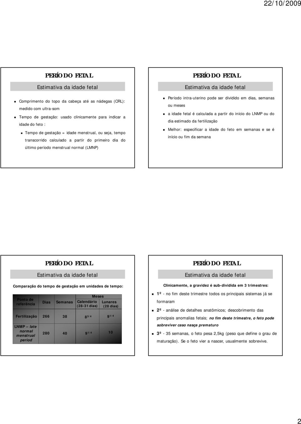 início do LNMP ou do dia estimado da fertilização Melhor: especificar a idade do feto em semanas e se é início ou fim da semana Comparação do tempo de gestação em unidades de tempo: Ponto de